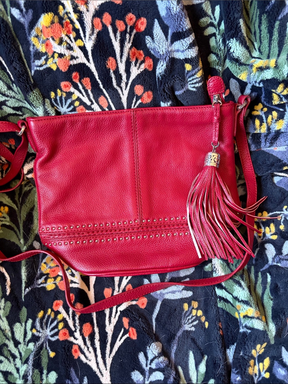 Brighton Pebbled Red Leather Crossbody with Tassel and Stud Accents